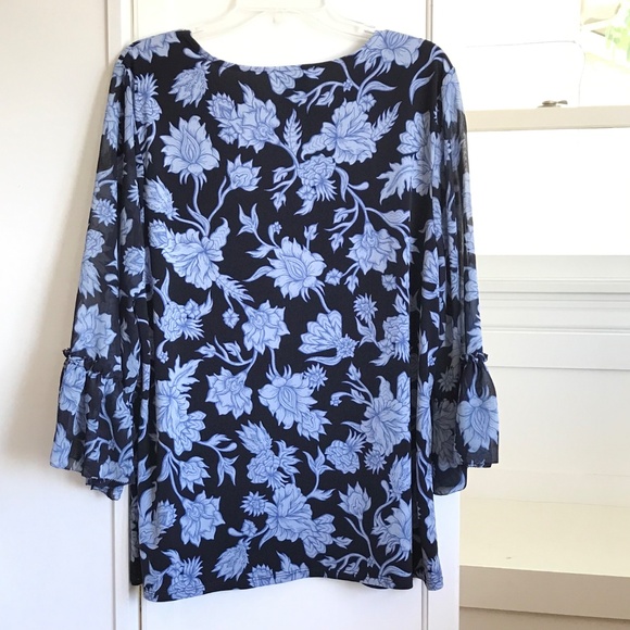 JM COLLECTION Floral Bell Sleeve Blouse Round Neck Blue Women’s Size XL Size 1X - Picture 7 of 16